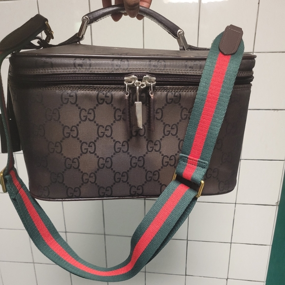 GUCCI GG LEATHER NYLON TWO-WAY TRAIN CASE VANITY BAG SHOULDER MAKEUP HAN… - Picture 1 of 16